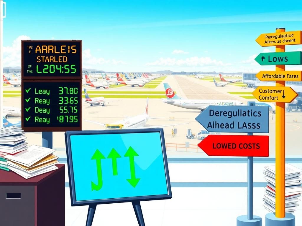 Flick International A bustling airport terminal with commercial airline planes and a digital display board showing low airfare prices.