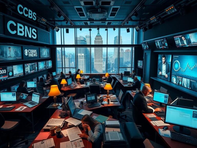 Flick International A vibrant and dynamic newsroom setting at CBS News showcasing busy desks with cluttered papers and glowing computer screens.