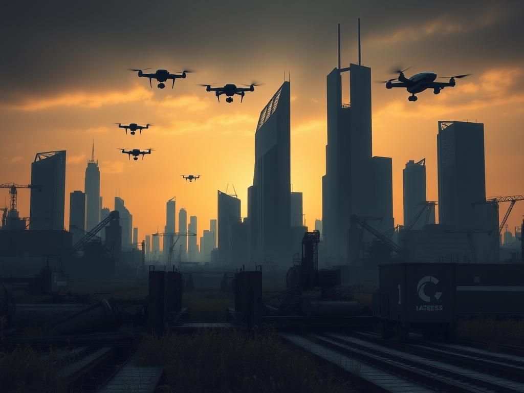 Flick International Futuristic cityscape dominated by towering tech skyscrapers and abandoned factories