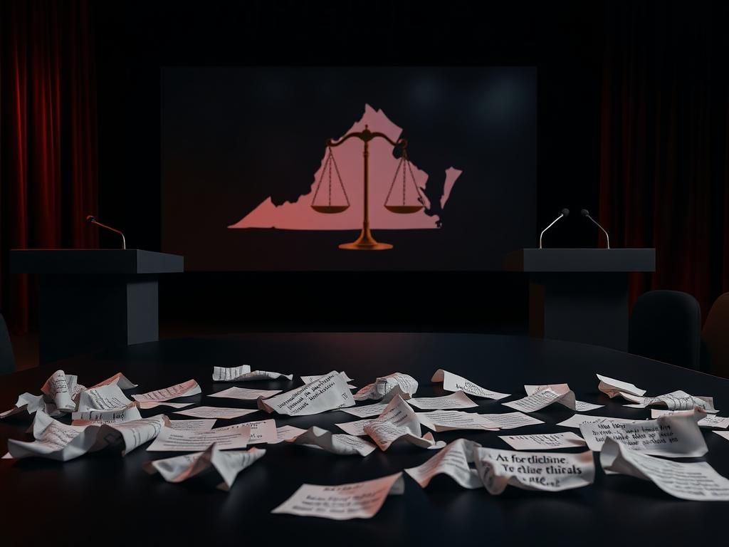 Flick International Dimly lit political debate setting with empty podiums and crumpled papers representing divisive rhetoric