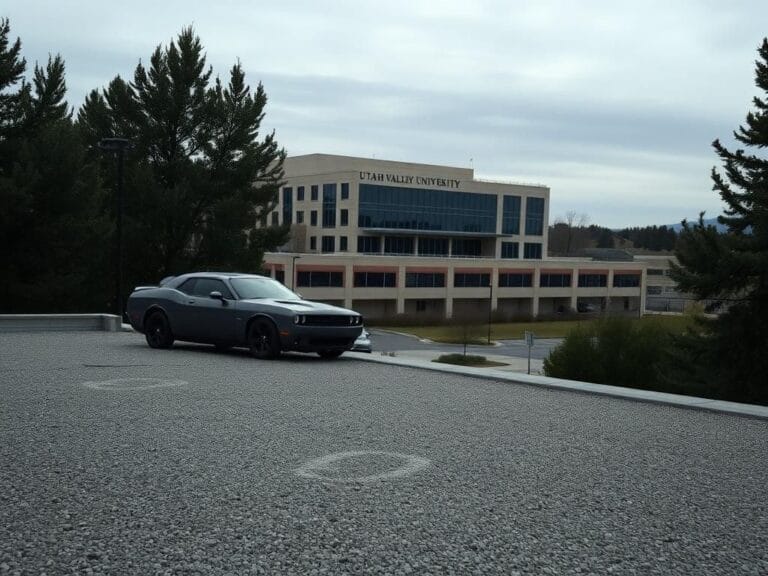 Flick International A somber scene at Utah Valley University with Losee Center in the background and an empty rooftop in the foreground.
