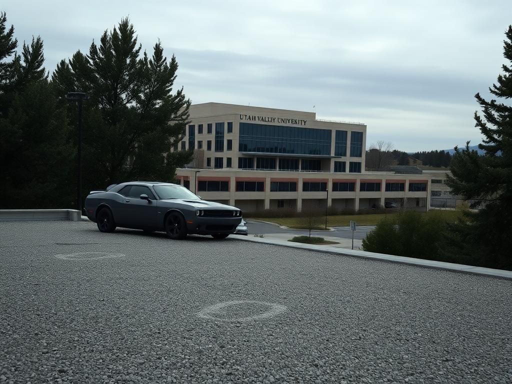 Flick International A somber scene at Utah Valley University with Losee Center in the background and an empty rooftop in the foreground.