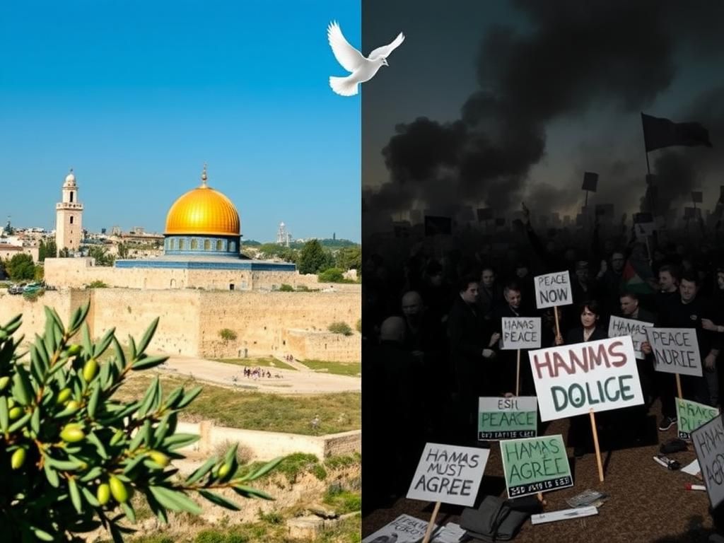 Flick International A split scene depicting contrasting landscapes of peace and protest in the Israel-Palestine conflict.