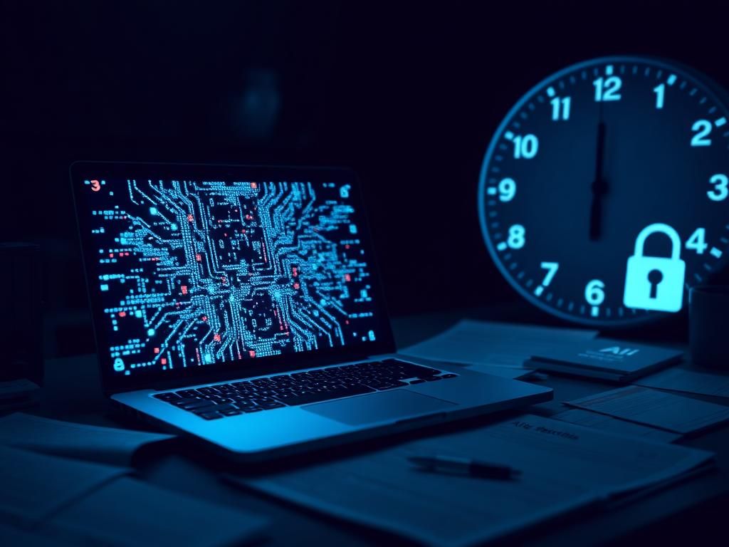 Flick International dimly lit digital workspace with glowing laptop screen and documents on child safety guidelines