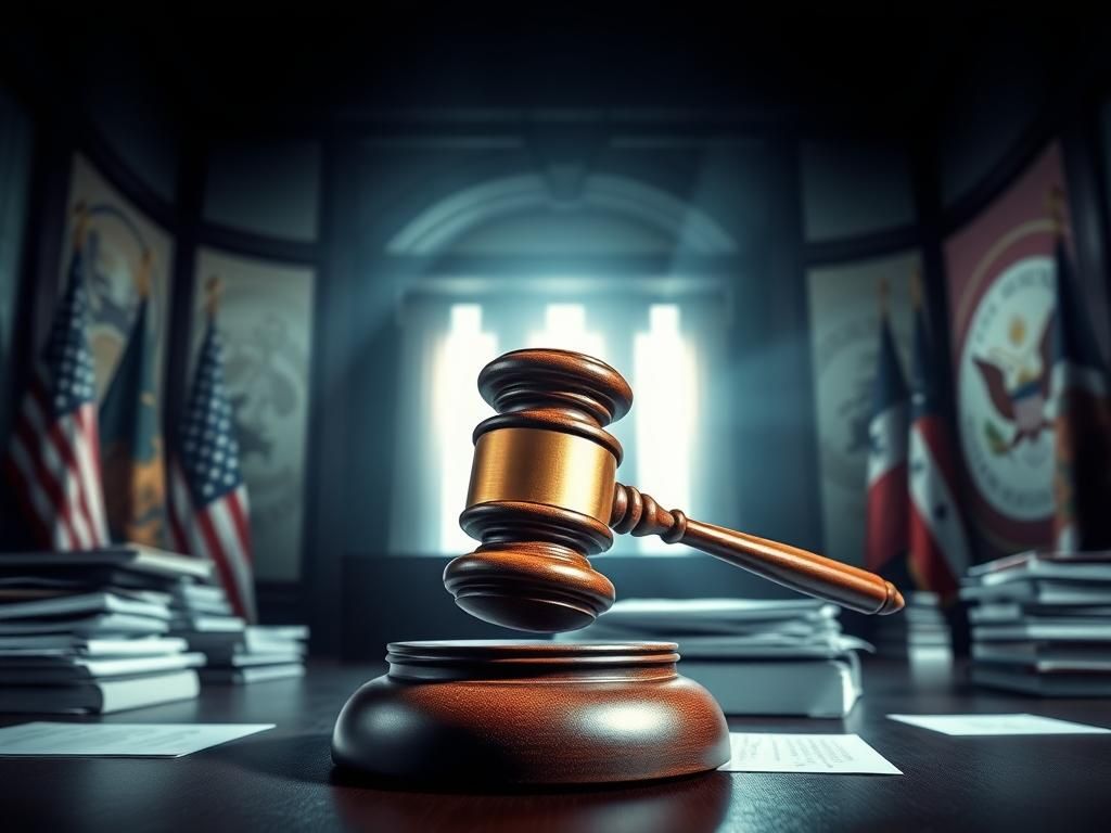 Flick International A federal courtroom scene depicting a judge's gavel amidst legal documents and political imagery