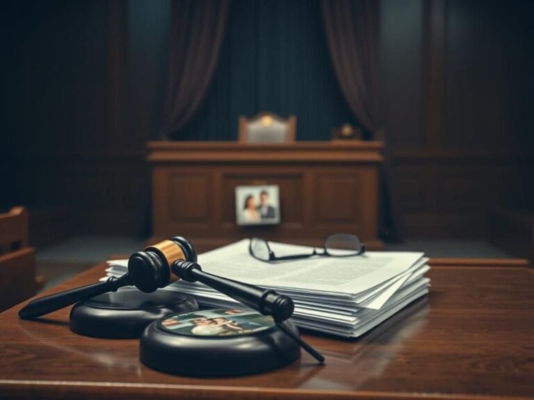 Flick International A courtroom scene with a gavel, legal documents, and reading glasses symbolizing the divorce proceedings