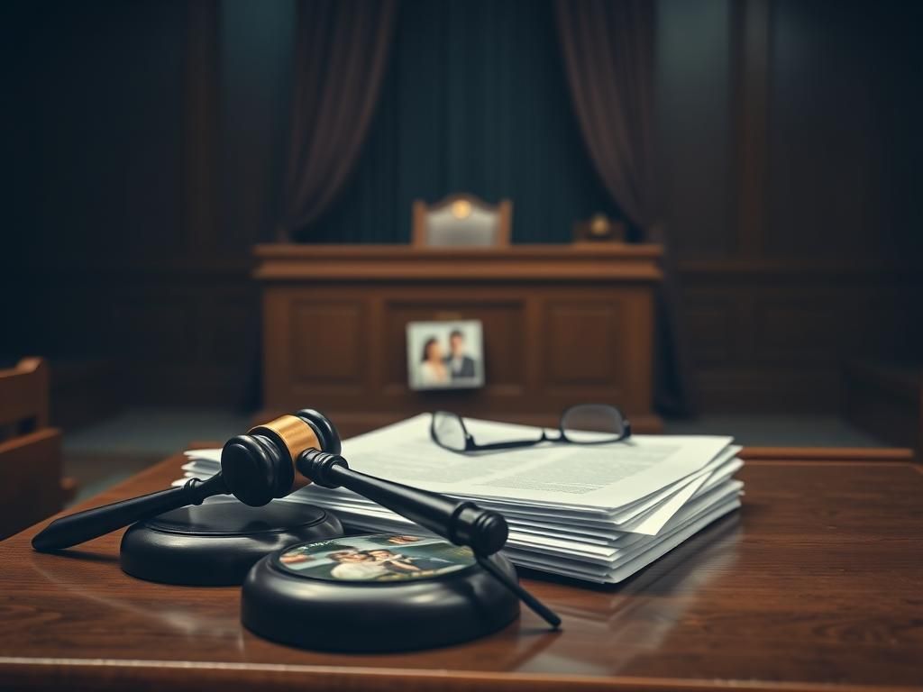 Flick International A courtroom scene with a gavel, legal documents, and reading glasses symbolizing the divorce proceedings