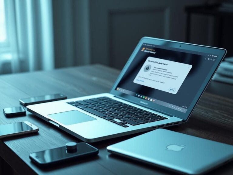 Flick International Close-up view of a MacBook displaying security warnings and tech gadgets