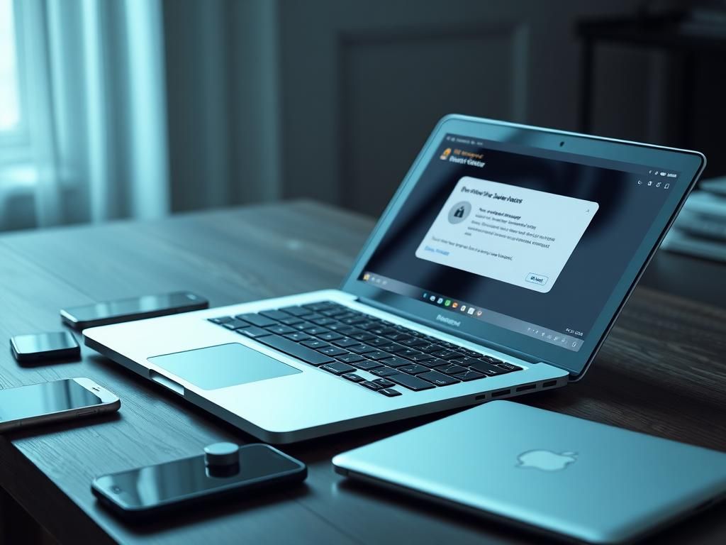 Flick International Close-up view of a MacBook displaying security warnings and tech gadgets