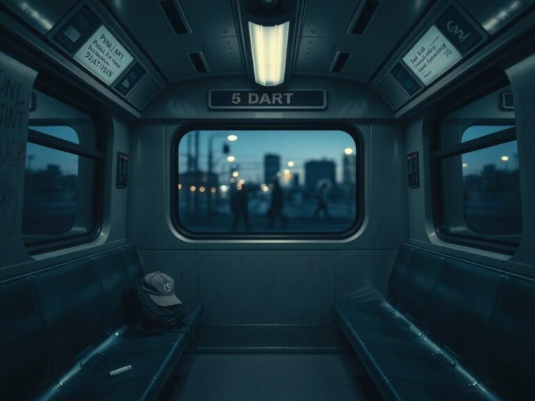 Flick International Abandoned DART train car illuminated by dim lights