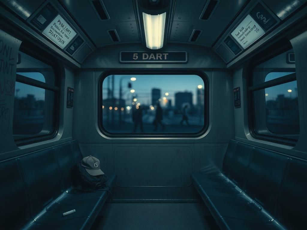 Flick International Abandoned DART train car illuminated by dim lights