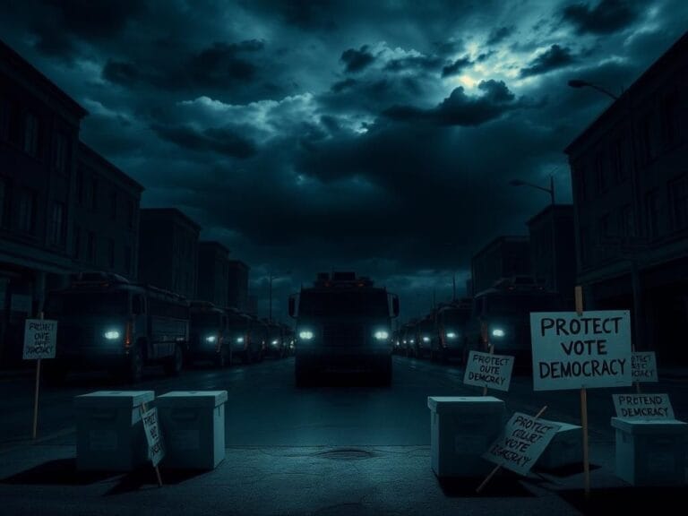 Flick International Dimly lit urban street scene with shadows of military vehicles symbolizing the threat to democracy