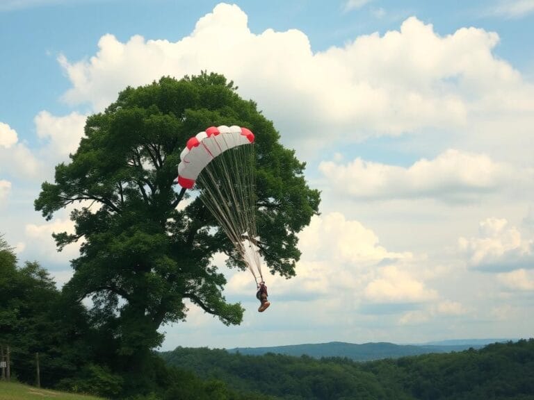 Flick International Open parachute tangled in tree branches symbolizing a skydiving tragedy in Tennessee