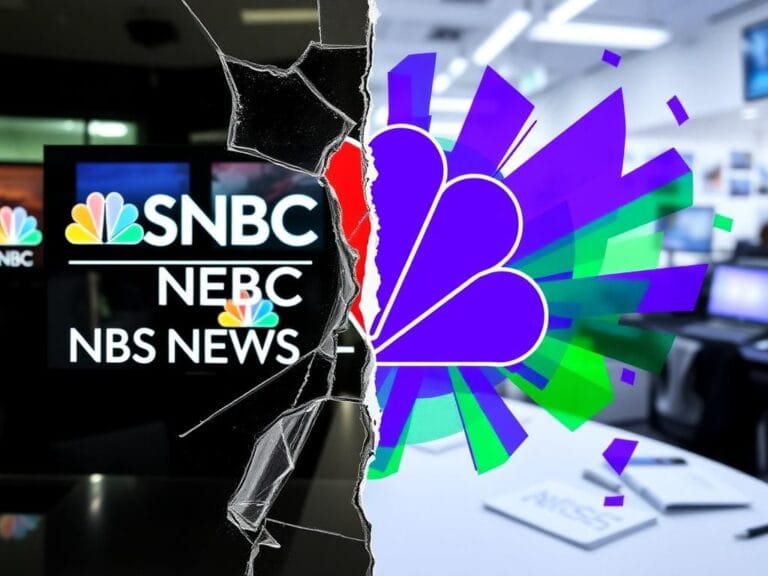 Flick International A split image illustrating the evolving relationship between MSNBC and NBC News, showcasing a fractured glass and vibrant abstract shapes.