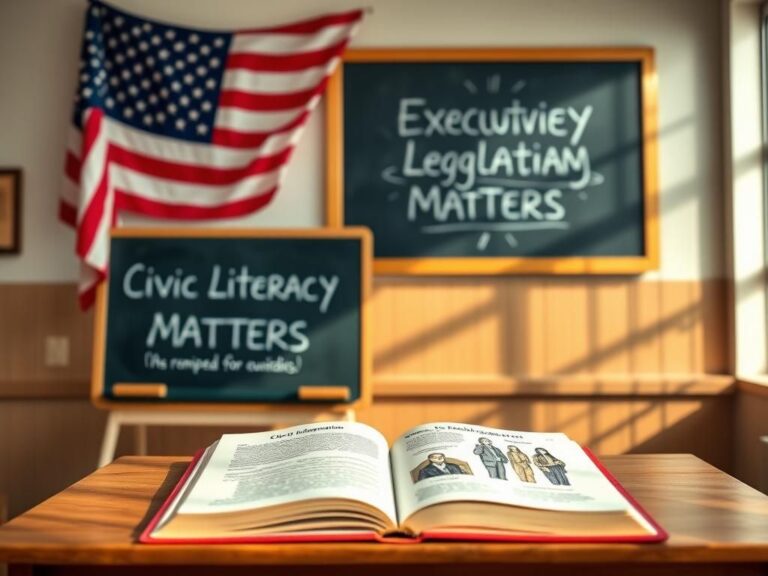 Flick International A serene classroom with an American flag, textbook on the Declaration of Independence, and a chalkboard emphasizing civic literacy.