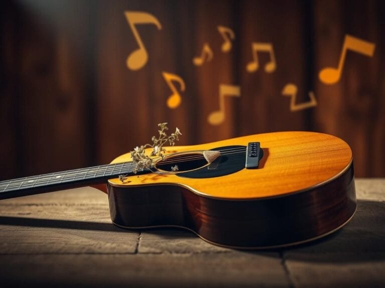 Flick International Close-up of an acoustic guitar on a rustic wooden stage with flowers