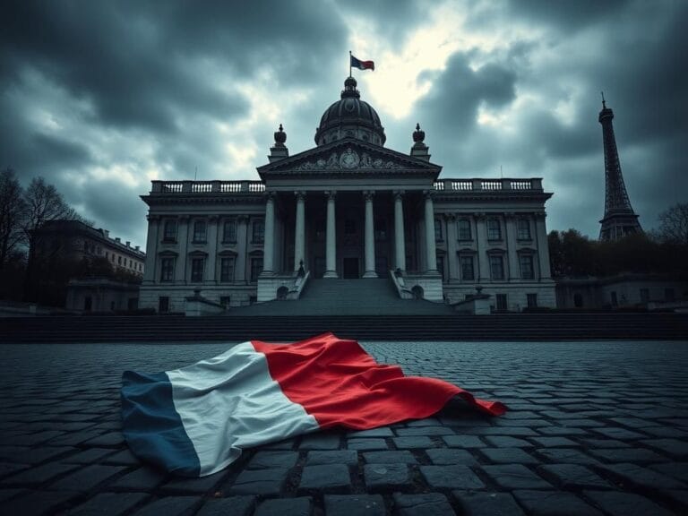 Flick International A cracked French flag on cobblestones in front of a dramatic National Assembly building symbolizing political crisis