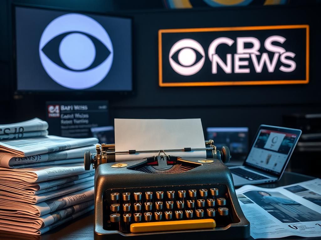 Flick International Dramatic newsroom setting with vintage typewriter and CBS News logo in the background