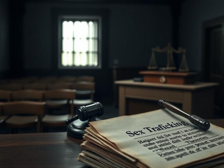 Flick International Dimly lit courtroom with empty benches and a gavel on the judge's podium, symbolizing justice.