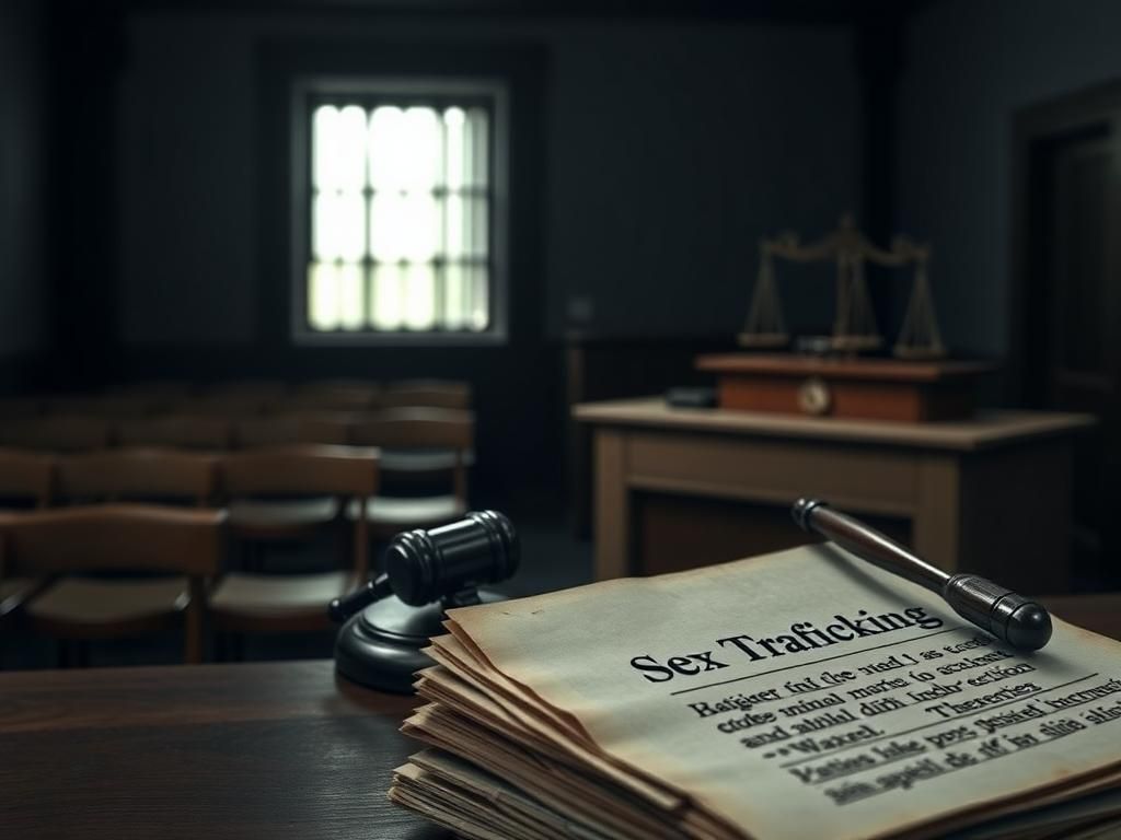 Flick International Dimly lit courtroom with empty benches and a gavel on the judge's podium, symbolizing justice.