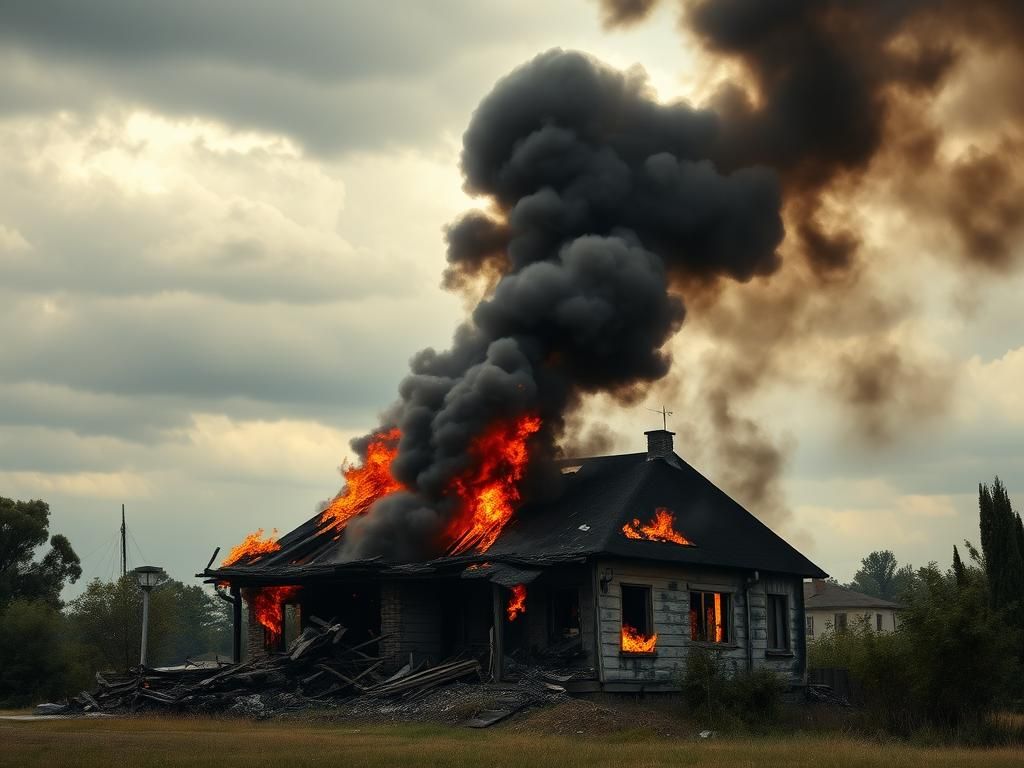 Flick International Charred remains of a house engulfed in flames with smoke billowing into the sky
