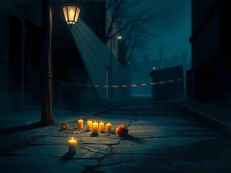 Flick International Dimly lit urban street at night with a weathered streetlamp illuminating a vigil site for a slain congressional intern.