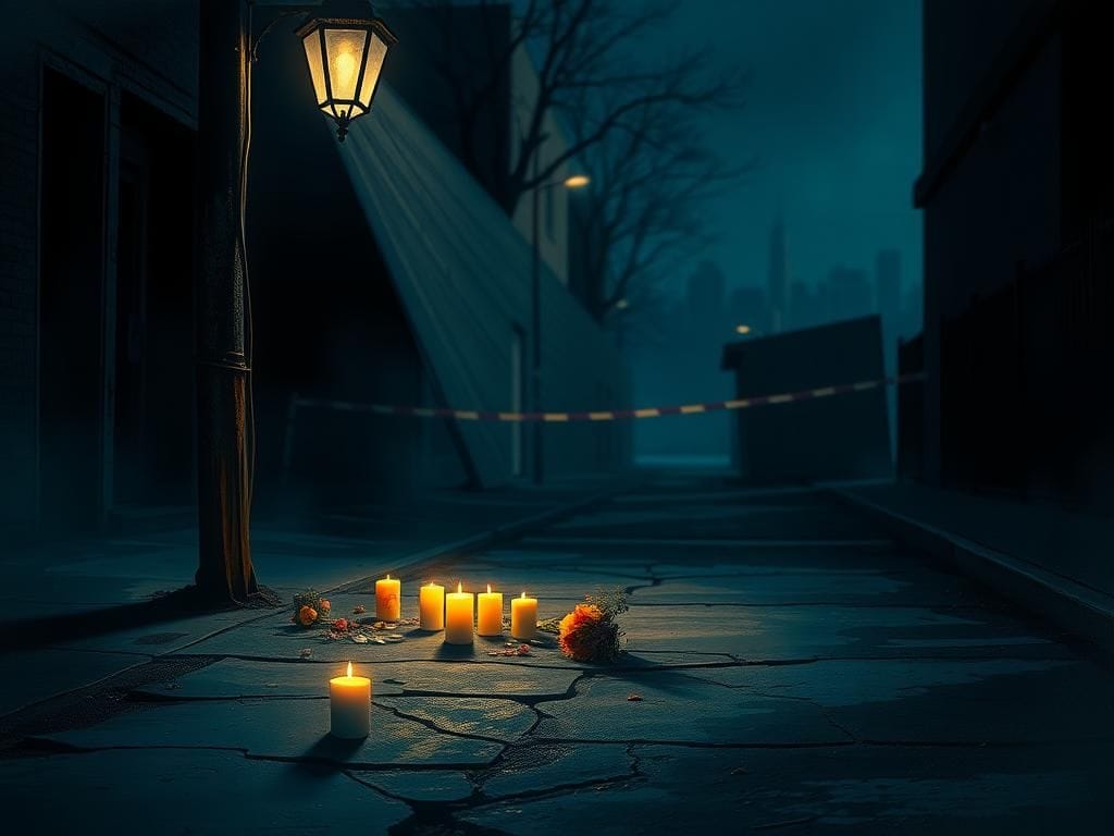 Flick International Dimly lit urban street at night with a weathered streetlamp illuminating a vigil site for a slain congressional intern.