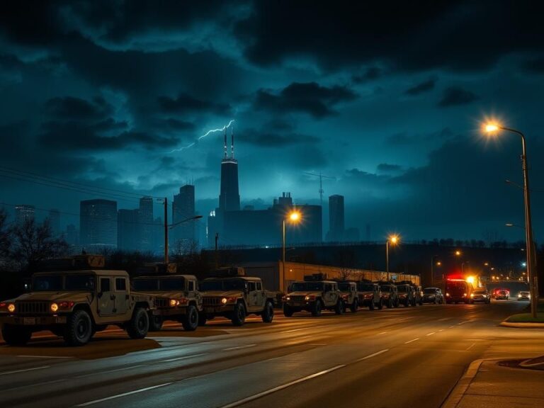 Flick International Dramatic nighttime scene of Chicago skyline with storm clouds and empty Texas National Guard vehicles.