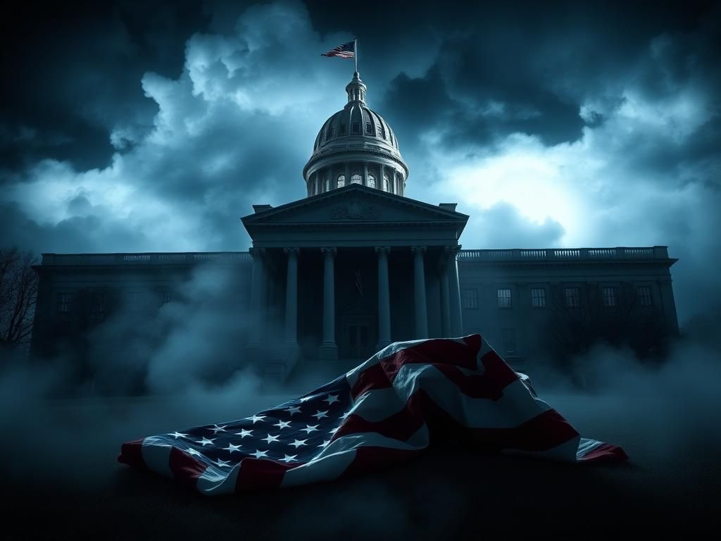 Flick International A dramatic depiction of the Virginia State Capitol under ominous storm clouds