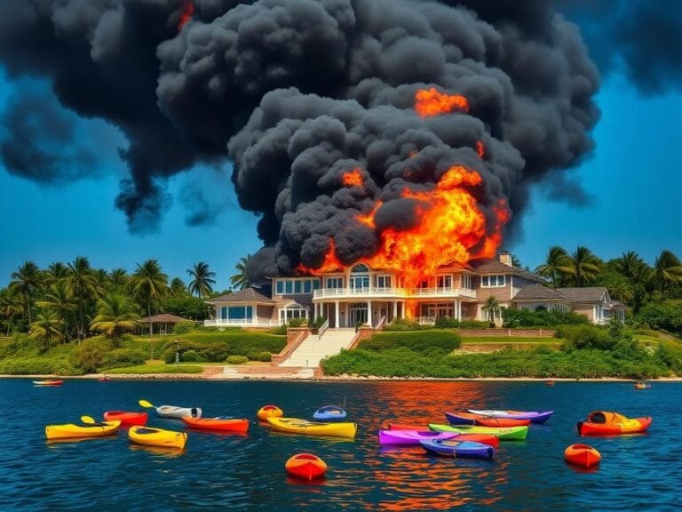 Flick International Dramatic scene of a mansion engulfed in flames as first responders use kayaks for rescue efforts