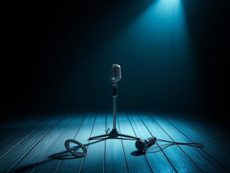 Flick International somber scene of an empty stage with a vintage microphone and rain-soaked floorboards