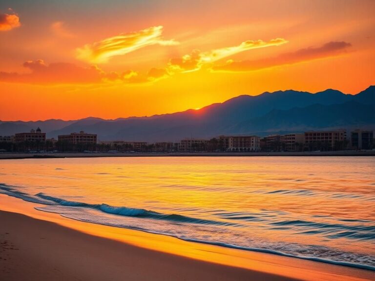 Flick International serene coastal landscape of Sharm El Sheikh at sunset symbolizing hope and peace during peace talks