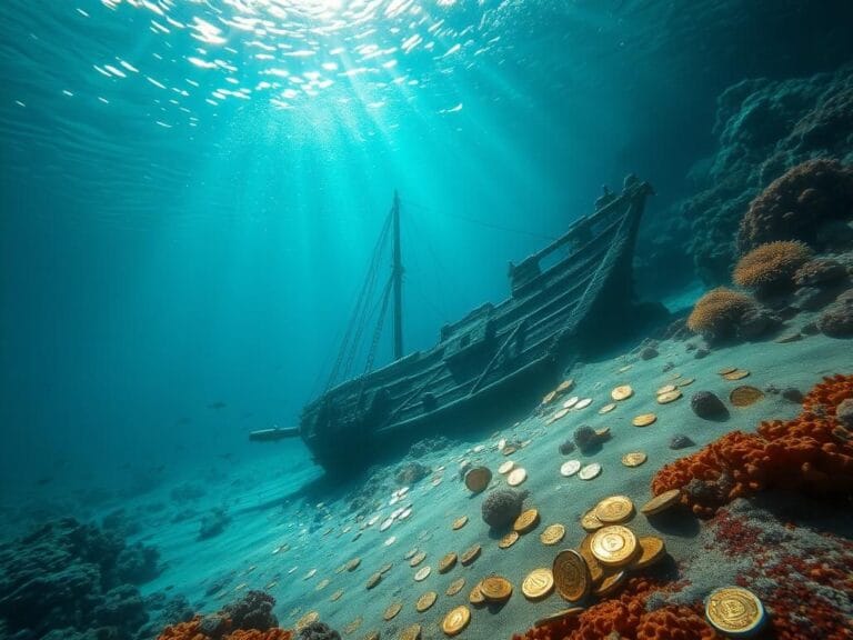 Flick International Underwater scene showing gold and silver coins scattered near a 1700s Spanish galleon wreck