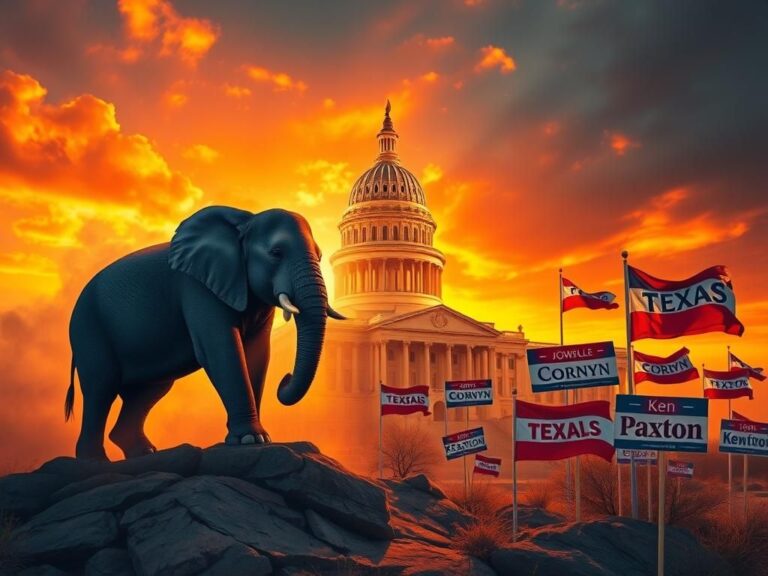 Flick International A bold Republican elephant symbol stands in front of the Texas state capitol at sunset, depicting the political rivalry in the GOP Senate primary.