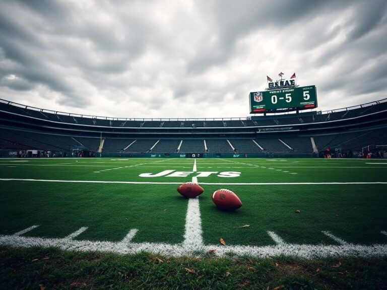 Flick International A desolate NFL football field showcasing the New York Jets logo under cloudy skies