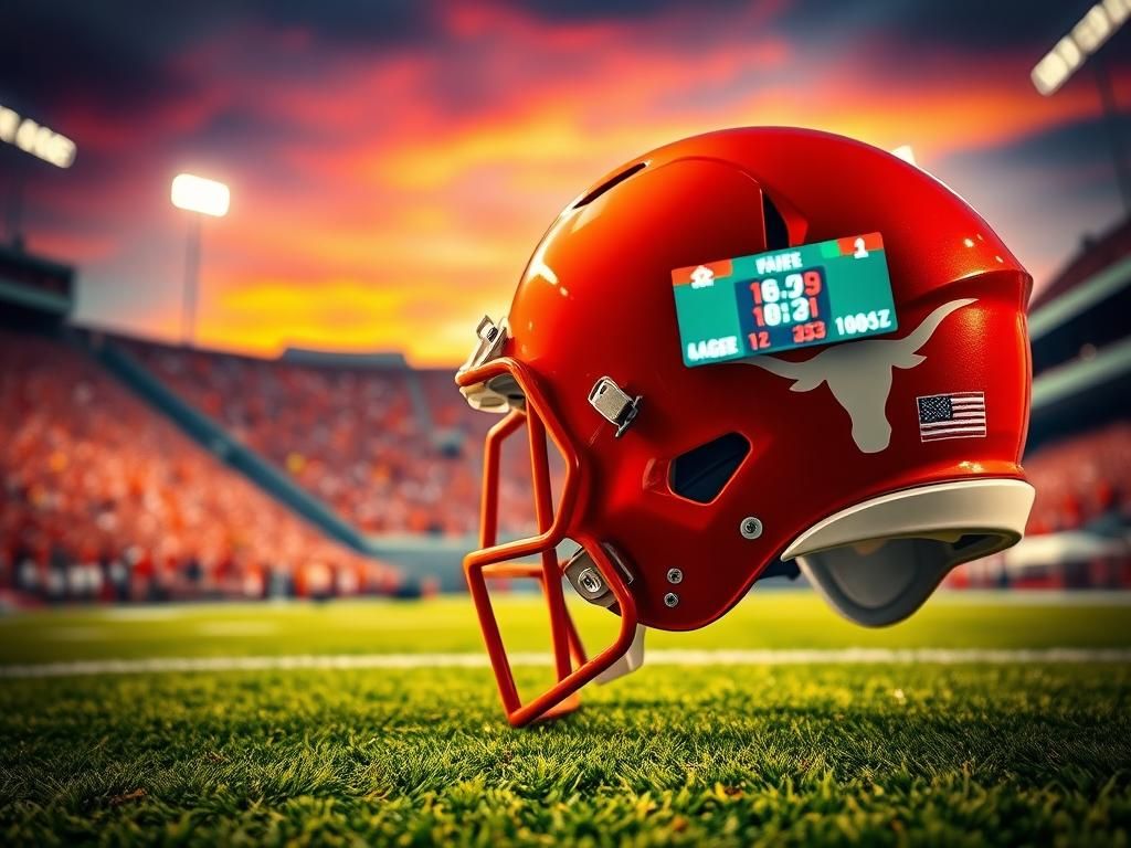 Flick International Texas Longhorns football helmet gleaming under stadium lights with cheering crowd in the background
