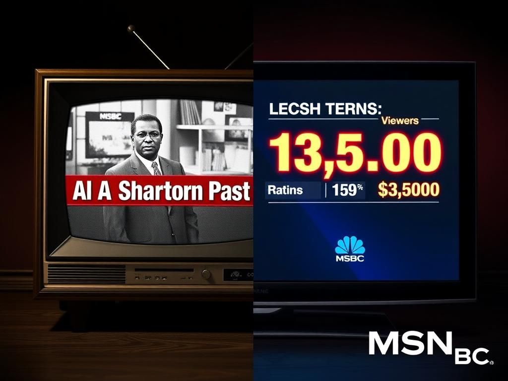 Flick International Split-screen image contrasting vintage and modern television news coverage of Al Sharpton's past and MSNBC show ratings