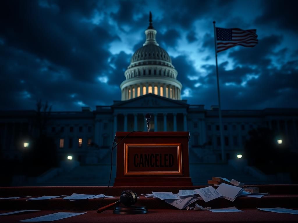 Flick International Dramatic depiction of the U.S. Capitol building at dusk, symbolizing political tension.