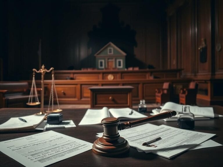 Flick International Dimly lit courtroom featuring intricate wooden furnishings and an empty witness stand