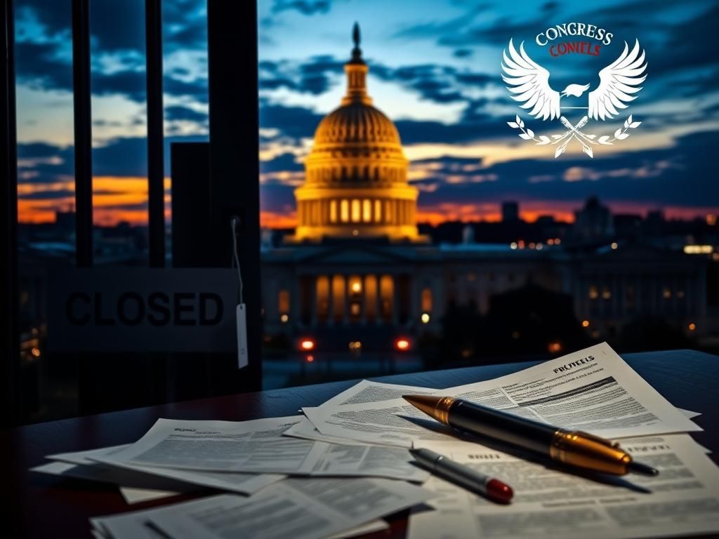 Flick International Dramatic cityscape at dusk with U.S. Capitol silhouette and closed government office door