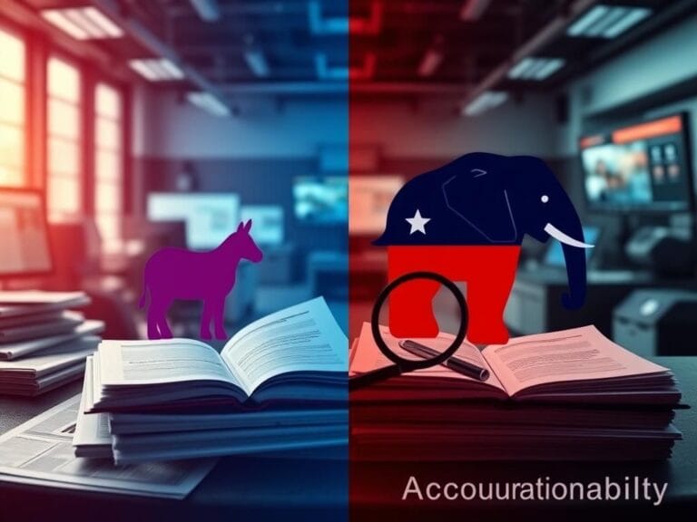 Flick International A split-screen image showing elements of the Democratic Party on the left and the Republican Party on the right, symbolizing equal scrutiny.