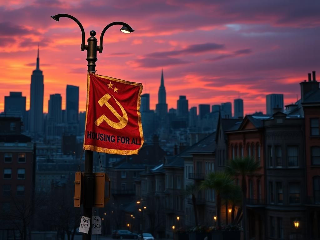Flick International Dramatic cityscape of New York City at dusk with a communist-themed propaganda poster