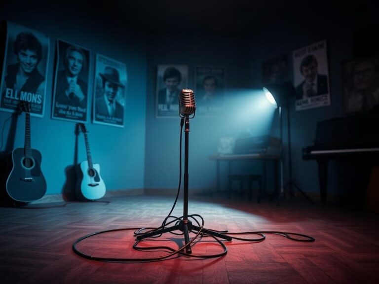 Flick International Abstract representation of a dimly lit music studio with a solitary microphone stand and tangled cables