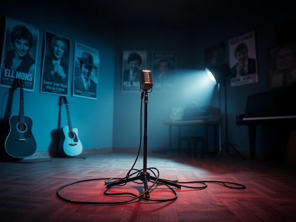 Flick International Abstract representation of a dimly lit music studio with a solitary microphone stand and tangled cables