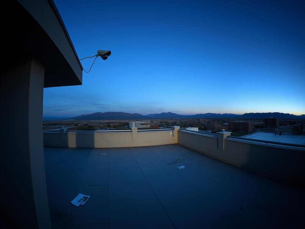 Flick International Panoramic view of university rooftop at twilight with security camera and debris