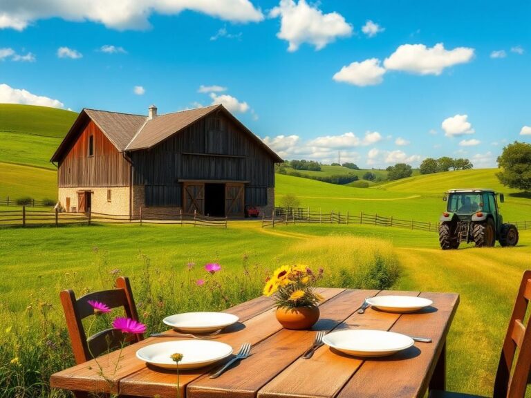 Flick International Serene countryside scene in France with a picturesque farm, vibrant wildflowers, and a rustic barn.