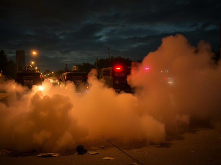 Flick International Thick tear gas billows in a chaotic urban scene with silhouettes of federal agents' vehicles