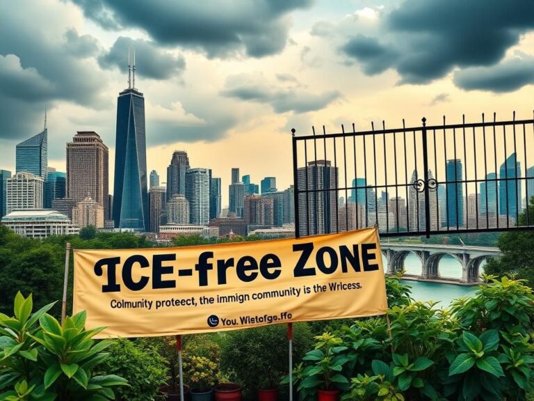 Flick International A vibrant urban scene in Chicago showcasing the skyline and an 'ICE-free Zone' banner symbolizing community resistance.