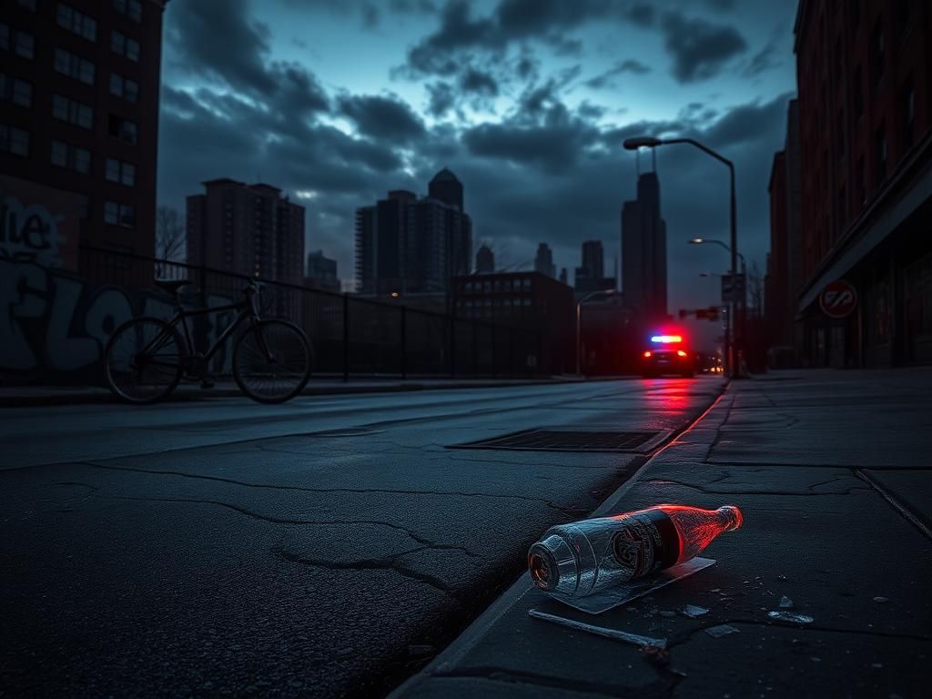Flick International Dark Chicago street scene at dusk with police lights and broken glass