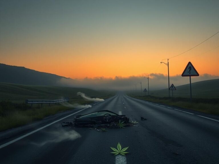 Flick International Shattered car windshield with scattered debris on a deserted road at dawn